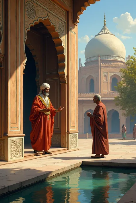 King Shah Jahan is coming out of the mosque, while a beggar is talking to him. There is a pond next to the mosque.