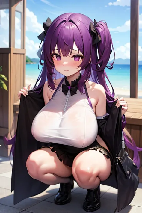 front, Overlooking, Downward perspective, Purple Hair, big boob, large breasts, Squat, Blushing, Very very big breasts