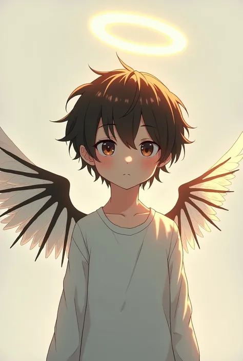 A 1 boy , angel, brun, a dripping halo and a skeletal wing. Anime style 