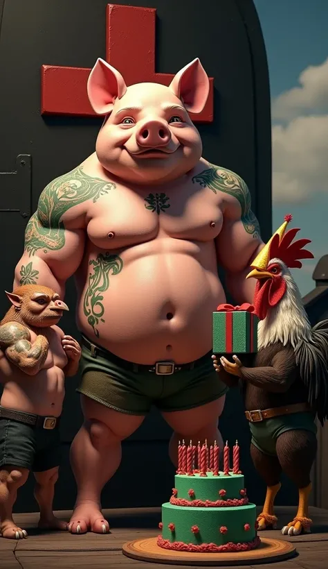 A muscular pig, puffy chest and shirtless, green tattoos, celebrating his birthday, black ship decoration black ship thick red Maltese cross, green birthday cake candle in the shape of a thick red cross, guest bird muscular rooster, puffy chest, holding gi...