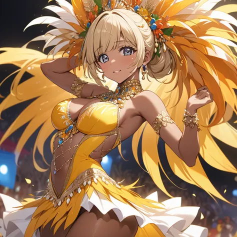 ((Highest quality)), ((masterpiece)), (detailed), （Perfect Face）、The woman is Reika Aoki, a Latin American with dark skin and medium-long blonde hair.、A woman is dancing samba charmingly in a samba costume at the Rio Carnival