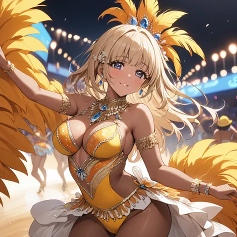 ((Highest quality)), ((masterpiece)), (detailed), （Perfect Face）、The woman is Reika Aoki, a Latin American with dark skin and medium-long blonde hair.、A woman is dancing samba charmingly in a samba costume at the Rio Carnival