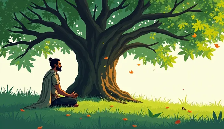 Comic style. Arav, the adult warrior, sits cross-legged under the large tree, meditating peacefully. The background includes the tree’s expansive branches creating a natural canopy, with dappled sunlight filtering through the leaves. The grass beneath him ...