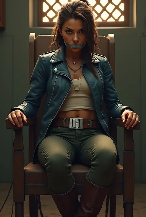 (photorealism:2.0), Kay to Star Wars Outlaws, wear a blue short leather jacket, brown leather boots, green jeans, mouth tied, her hands are tied behind her back, duct tape, silver tape, gagged, her tied to an old prison chair, her legs are tied to an old p...