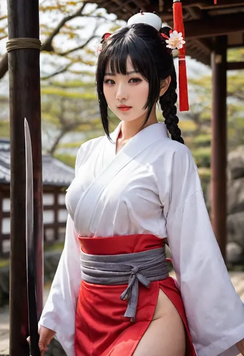 Dancing Girl。On the border between adulthood and childhood、A girl like a colorful bud。The top is pure white with short sleeves.。Shrine Maiden Costume。Sharp eyes like a blade。On her face、Im still very young。Her eyes are large and slightly slanted.、The nostr...