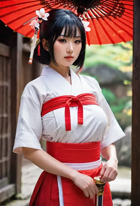 Dancing Girl。On the border between adulthood and childhood、A girl like a colorful bud。The top is pure white with short sleeves.。Shrine Maiden Costume。Sharp eyes like a blade。On her face、Im still very young。Her eyes are large and slightly slanted.、The nostr...