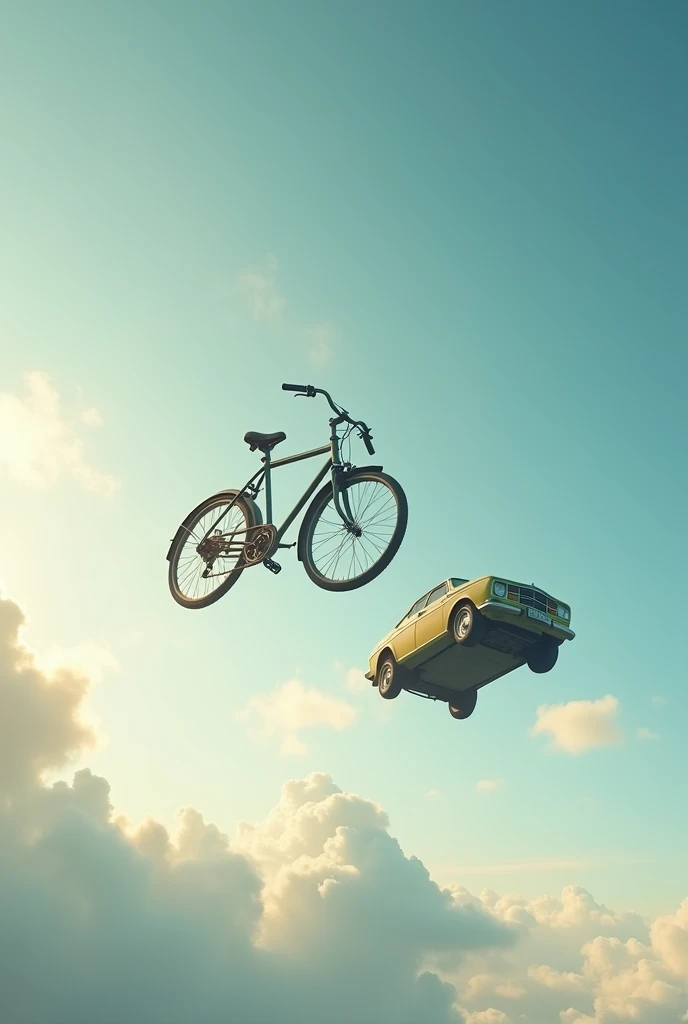 Bike and car is flying in sky