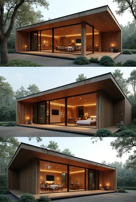 Design a 60m2 house, 1 small bedroom and shared bathroom: 1 double bedroom with suite and closet next to the living room: kitchen combined with the living room.
living room with fireplace and master bedroom with a view, separated by a wall with 60cm round ...