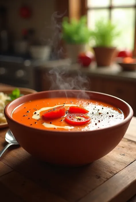 create a realistic looking tasty tomato soup, with coconut milk and some roasted tomatoes on top. And pepper, a little. All in a clay-colored bowl. The background should show a slightly blurred wooden kitchen, bright and with some kitchen herbs on the wind...