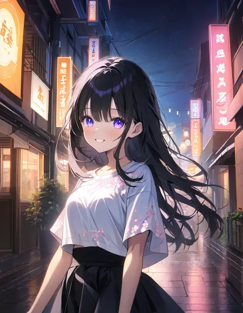 high quality illustration, 16k resolution, detailed, delicate lines, beautiful anime girl, looking up at sakura, nighttime cityscape, neon lights, spring season, pleasant temperature, happy expression, small frame, large chest, slim waist, fair skin, black...