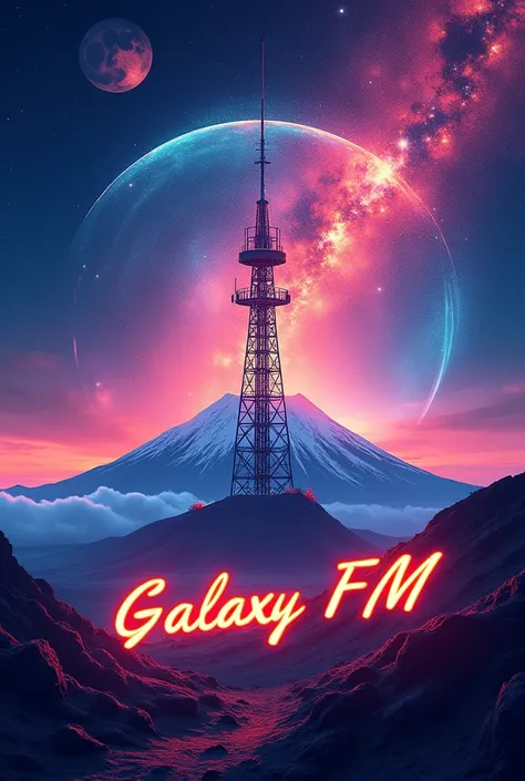 Make Galaxy Fm poster for radio broadcasting including text such as "Galaxy Fm 10.9Mhz Kilimanjaro