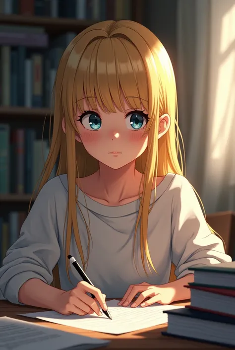 A high school girl with blonde hair. A student who is very serious about her studies, which makes her a little sad. She often puts pressure on herself.