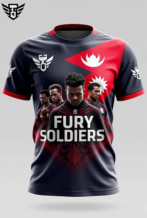 Creat a jersey for ESPORTS WITH LOGO .witre FURY SOLDIERS IN MIDDLE .keep nepal falg in right side of jersey and FS LOGO IN MIDDLE.show jersey back side and wirte name fs topey 
