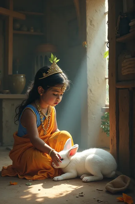 Baby lord shri krishna enters a house and take the soul of a white rabbit while he is taking his last breath due to illness and the rabbit is sleeping in a girl’s lap drinking water 