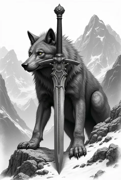 Wolf holding sword in mounth in style of engraving art
