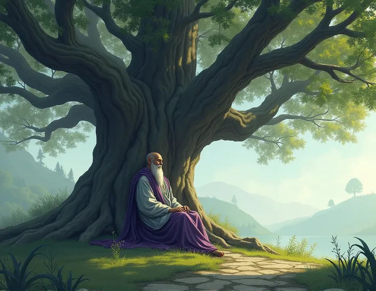 a wise man rest under a big tree, he wearing a very old fashion dress and its colour gray and violet