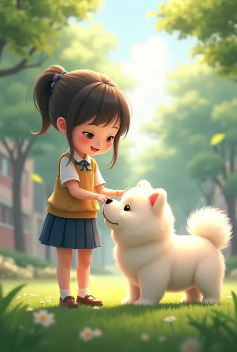 A young school girl with a small white chow chow puppy dog
