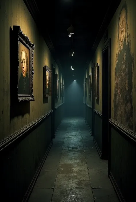 A long, poorly lit corridor, with old portraits hanging on the walls.