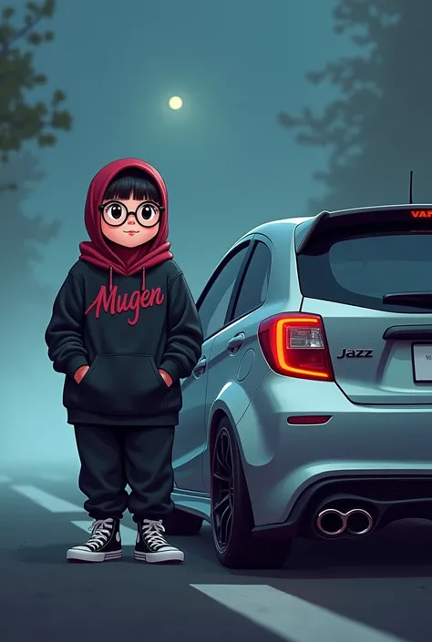 cartoon, large fat chubby girl with glasses wearing dark red hijab, black hoodie with mugen word in red, black jogger pants, hi-cut black white vans shoes, side by side with sporty modified silver honda jazz gk5 rs 2018, at night foggy weather 