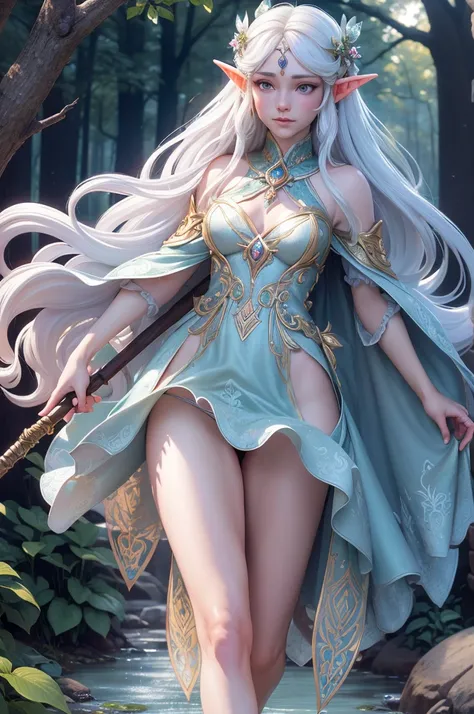 A beautiful elf with long flowing silver hair, piercing emerald eyes, and delicate pointed ears. She has a slender and graceful figure, dressed in a flowing ethereal miniskirt made of shimmering moonlight fabric. The miniskirt is adorned with intricate sil...