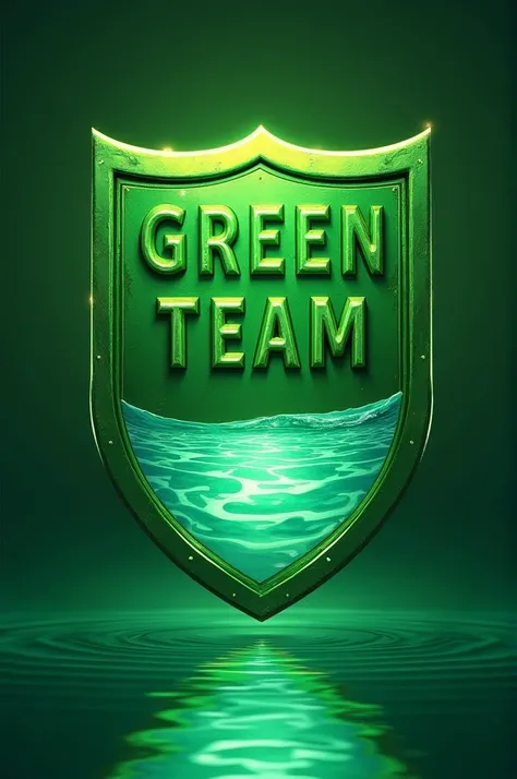 Green color shield written "green team" , with water in the center