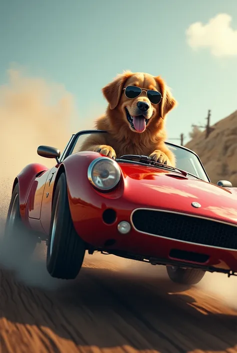 Golden Retriever、Driving a sports car、Realistic fur、Realistic、raw、Photorealistic、Super detailed、high resolution、high quality、High resolution、Drifting、sunglasses、A car is jumping over a jump ramp、Take the wheel、