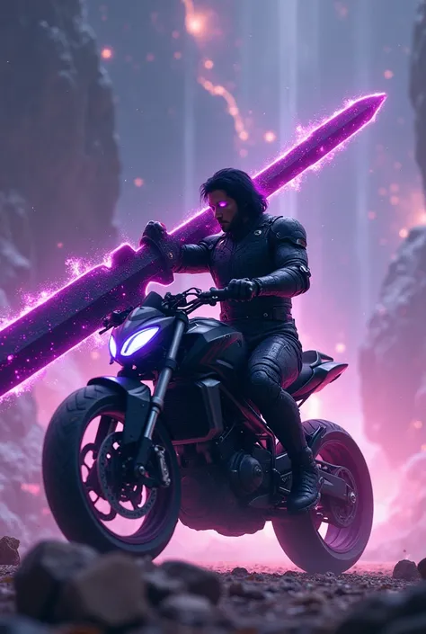  (Mobile legends bang bang)Black hair,The robotic suit is black and purple,Holds a large purple-black sword,While riding a motorcycle,Dante,Galaxy place,Purple eyes.(HE)!!!,He fought