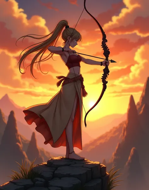 Create a anime style landscape image. Vertical, full-body image of a woman standing on a rocky outcrop at sunset. She is depicted in profile, drawing a bow with an arrow aimed forward. The bow is intricately designed with ornate details. The woman has long...