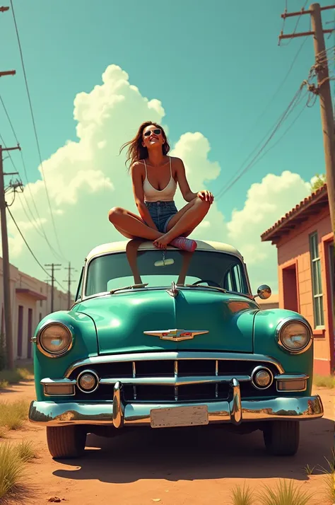 I want a Chevrolet car and a person sitting on top of the car 