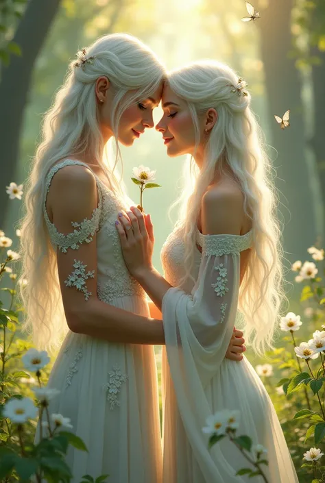 Imagine a beautiful white witch standing in a tranquil forest glade, her expression soft and tender as she gazes at someone with whom she has fallen in love. Her long, silver-white hair flows gracefully down her back, catching the light of the setting sun ...