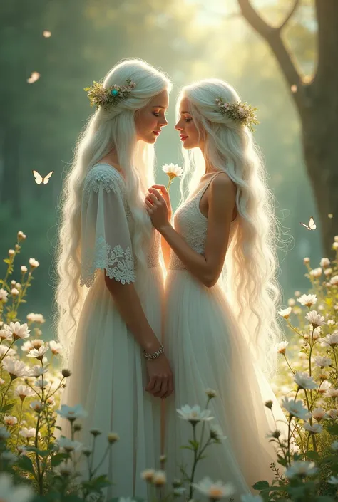 Imagine a beautiful white witch standing in a tranquil forest glade, her expression soft and tender as she gazes at someone with whom she has fallen in love. Her long, silver-white hair flows gracefully down her back, catching the light of the setting sun ...