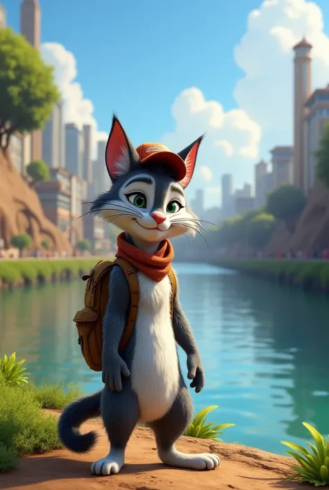 Create a Zootopia-style image of a cat with the same colors as Sylvester the cat walking near the Capibaribe River 