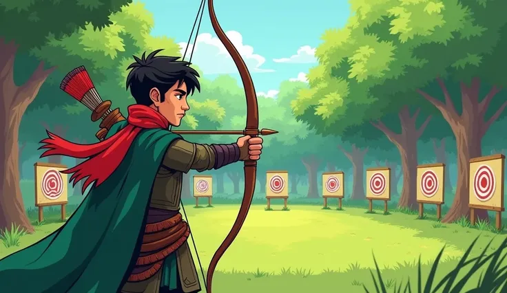 Arav training with new resolve: Comic style. Arav, the young adult warrior, trains with his bow and arrow in a lush, green training ground within the kingdom. The background shows a well-maintained training area with targets set up and trees lining the edg...