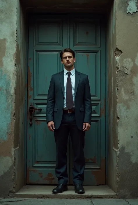 a young lawyer stands in front of a solid wooden door, partially open, with the rusty and broken handle.
