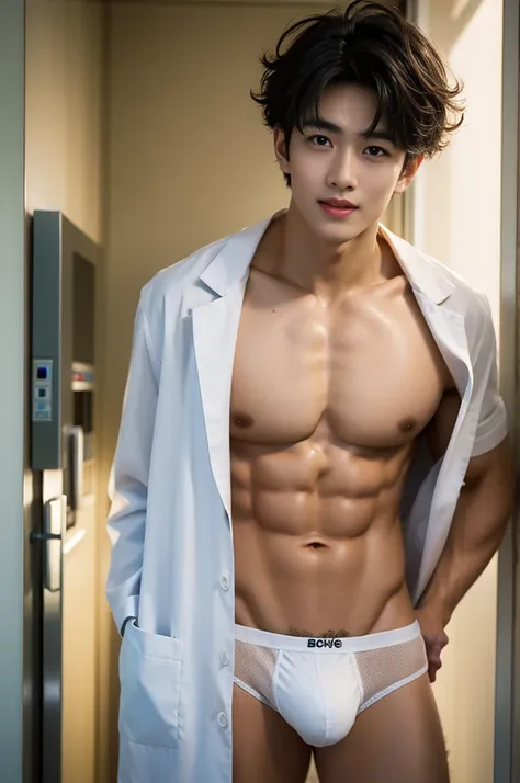 Crowded hospital, hospital display, sexy doctor In the middle of crowded hospital, Sweat dripping all over the body, in the sweat covering all over the body, inside the bussy hospital background, Full body photo, wearing eye glasses, wearing stethoscope in...