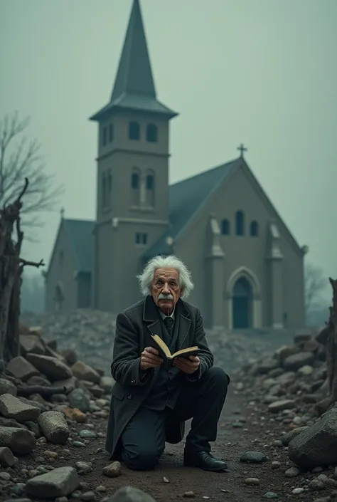 A man watching Einstein sitting on his knees to the ground sadly before a destroyed church with a quantum mechanics book in hand and heads down.