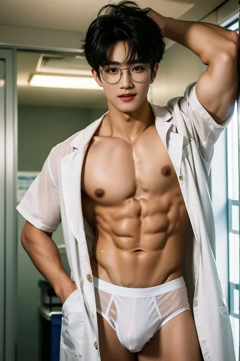 Crowded hospital, hospital display, sexy doctor In the middle of crowded hospital, Sweat dripping all over the body, in the sweat covering all over the body, inside the bussy hospital background, Full body photo, wearing eye glasses, wearing stethoscope in...