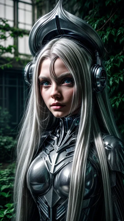 cybernetic elf girl, long platinum hair, light dark garden