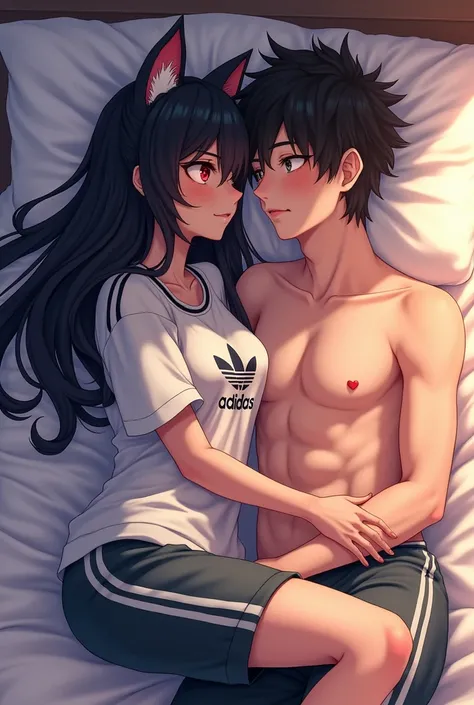 Anime girl with long black hair red eyes cat ears adidas clothes in bed with a shirtless black hair anime boy 