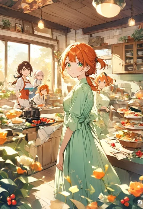 Misty_pokemon ( Berry Short,Orange Hair, one side up hair ,Big green eyes,Small breasts,Skinny ) ashs mom (brown hair tied in a low ponytail, brown eyes, kind) kitchen, nice background, warm atmosphere. mother in law, daughter in law