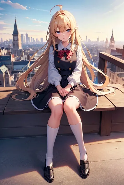 masterpiece, Highest quality, Very detailed, unity 8k wallpaper, (Ride a crane), Sky,  1 person, Blonde, Hair between the eyes, Ahoge, Year: 16, Recall, Pretty face, White knee socks,Poop sitting
