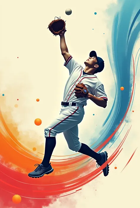 "Design a visually striking social media graphic featuring a dynamic action shot of a handsome 20-something Korean baseball player in mid-catch. Incorporate a modern, abstract design with flowing lines and bubble elements to create a sense of motion and en...