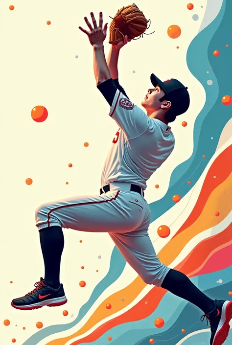 "Design a visually striking social media graphic featuring a dynamic action shot of a handsome 20-something Korean baseball player in mid-catch. Incorporate a modern, abstract design with flowing lines and bubble elements to create a sense of motion and en...