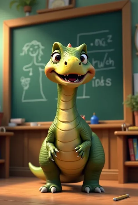 Animated dinosaur next to a blackboard 