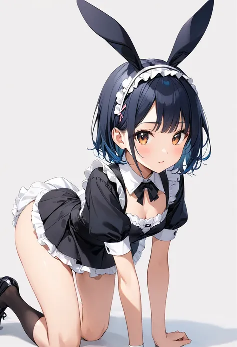 (Beautiful shinjuku cafe) ((tween girl)),(keeps her head low, crawls on all fours and sticks out her butt) Emphasizing her tail, open and sexy expression, emphasizing the cleavage, (wearing maid costume and bunny hairband), many sexy poses, (simple backgro...