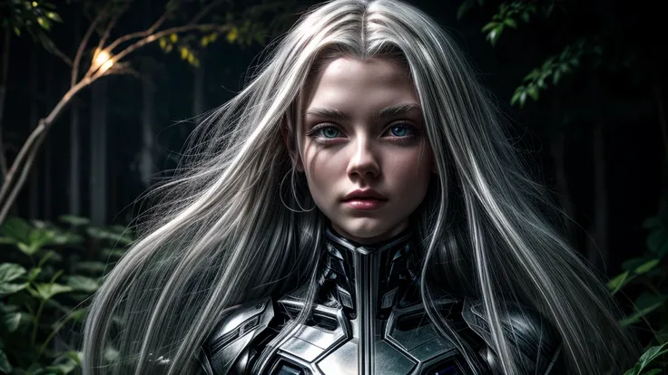 cybernetic elf girl, long platinum hair, light dark garden