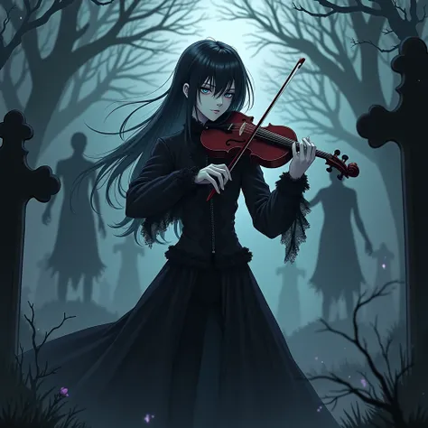 ((Anime boy)(( 1 male with long black hair and teal eyes, dressed in frilly gothic black clothes. His skin is white and pale like a vampire. Playing violin in the graveyard. (((Gloomy)) ((smoky)) ((dark)) ((black and purple)) (((scary))) ((horror))) myster...