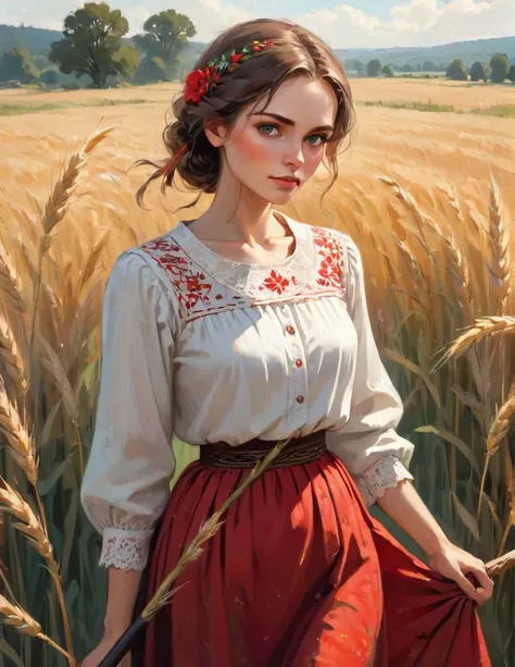 A painting of a woman holding a scythe in a field, by Slawomir Maniak, bohemian style, drawn in the style of mark arian, render of a delicate white muslin blouse with ornate lace embroidery, ::a vibrant red embroidered folkloric skirt blooms with intricate...