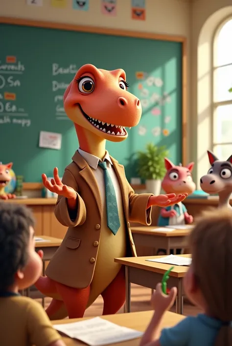 Animated dinosaur teaching language at school