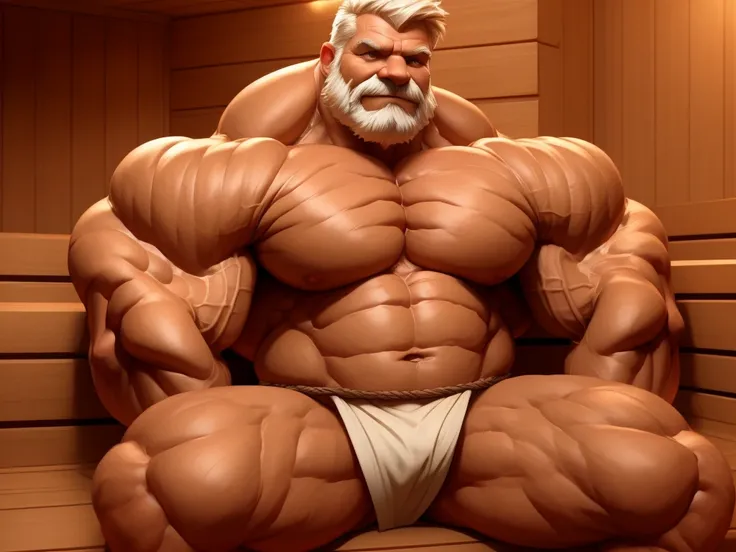 solo, 1boy, perfect anatomy, perfect proportion. Huge Muscular Old man sitting in sauna, steam, wearing fundoshi, pectoral, thick arms, huge pectoral, wide pectoral, short white hair, red beard and hair, simple background, masterpiece, semirealistic:1.2, h...